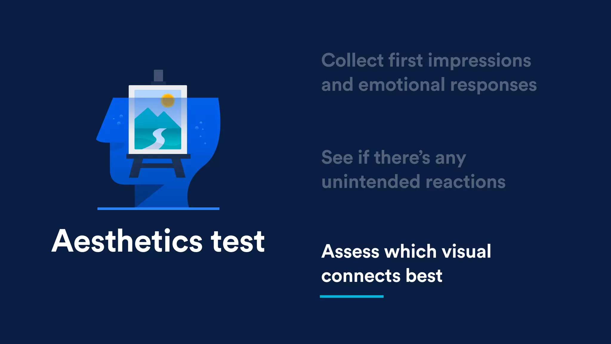 See if there’s any
unintended reactions
Assess which visual
connects best
Collect first impressions
and emotional responses
Aesthetics test
 