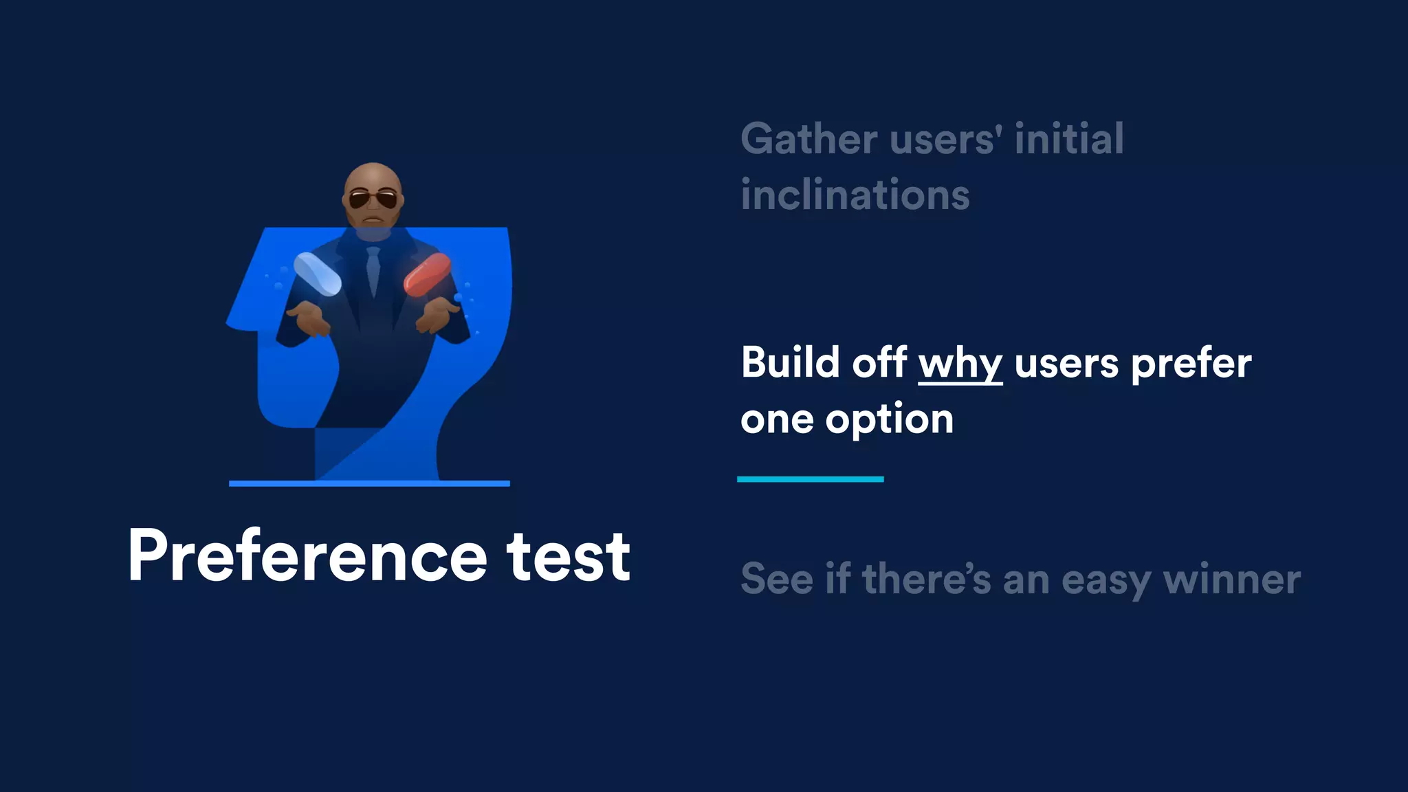 Build off why users prefer
one option
See if there’s an easy winner
Gather users' initial
inclinations
Preference test
 