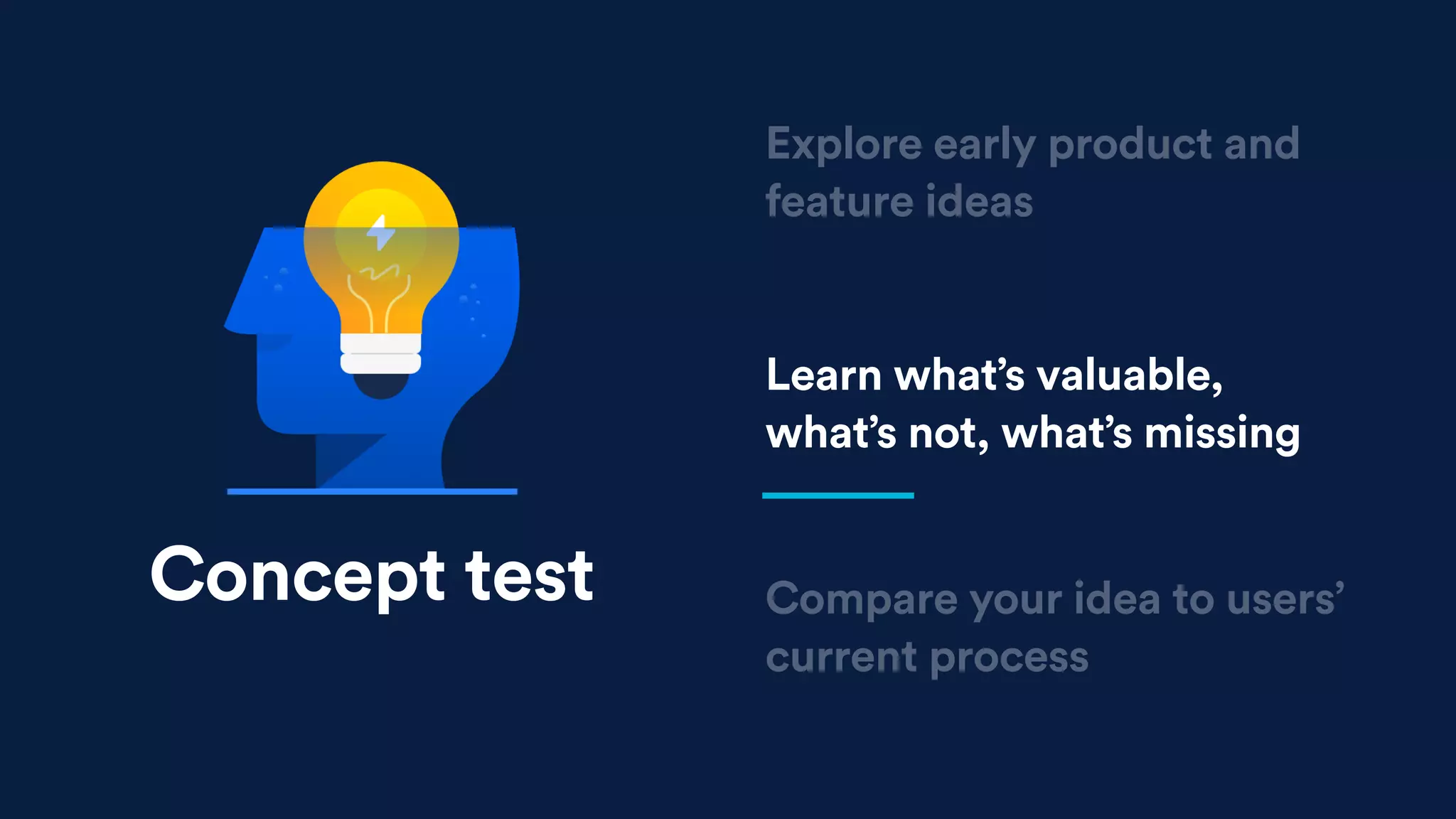 Learn what’s valuable,
what’s not, what’s missing
Compare your idea to users’
current process
Explore early product and
feature ideas
Concept test
 