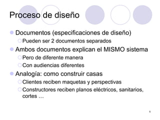 6
Proceso de diseño
z Documentos (especificaciones de diseño)
{Pueden ser 2 documentos separados
z Ambos documentos explican el MISMO sistema
{Pero de diferente manera
{Con audiencias diferentes
z Analogía: como construir casas
{Clientes reciben maquetas y perspectivas
{Constructores reciben planos eléctricos, sanitarios,
cortes …
 