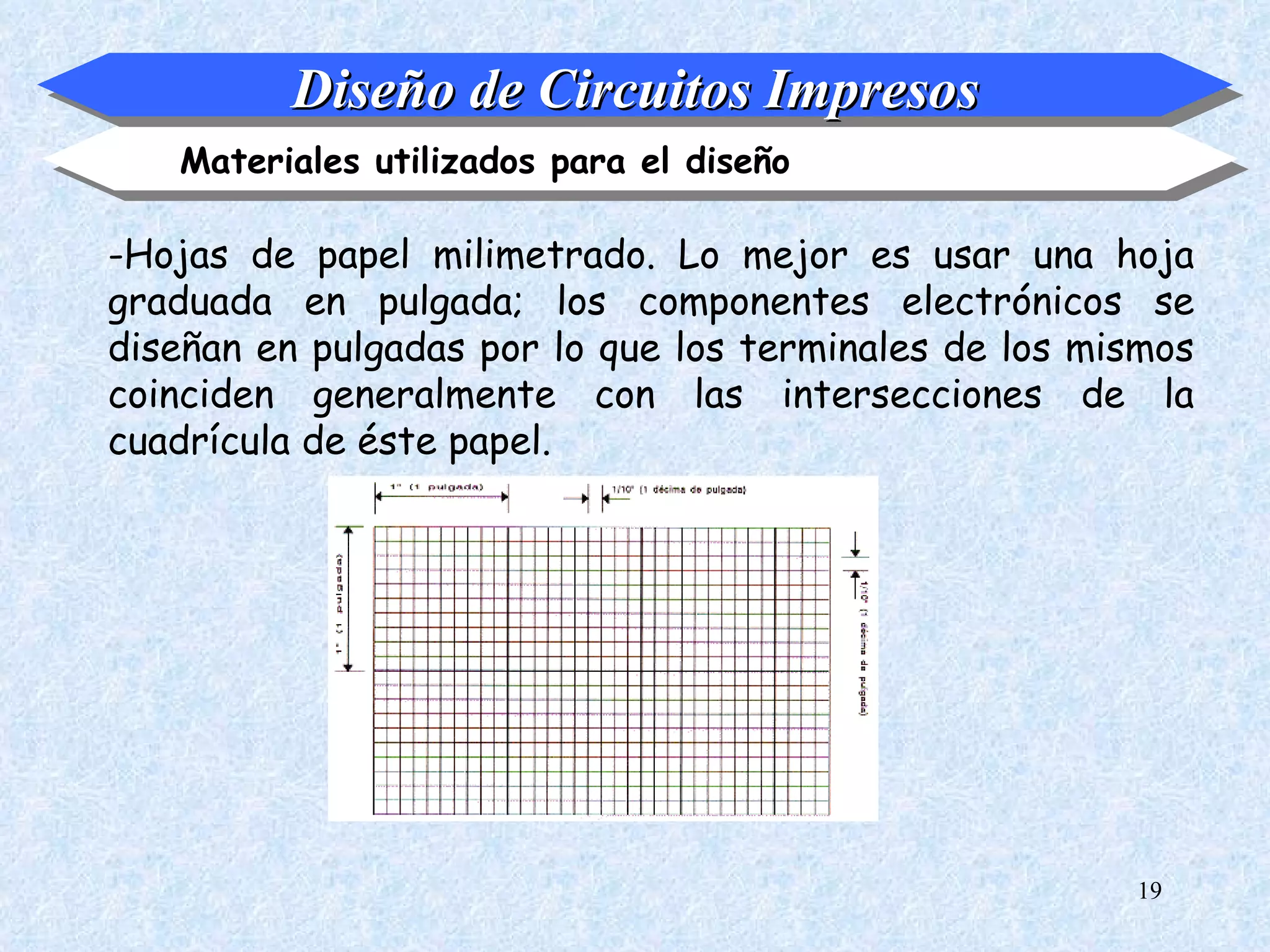 Diseño de Circuitos Impresos
   Materiales utilizados para el diseño

-Hojas de papel milimetrado. Lo mejor es usar una hoja
graduada en pulgada; los componentes electrónicos se
diseñan en pulgadas por lo que los terminales de los mismos
coinciden generalmente con las intersecciones de la
cuadrícula de éste papel.




                                                       19
 