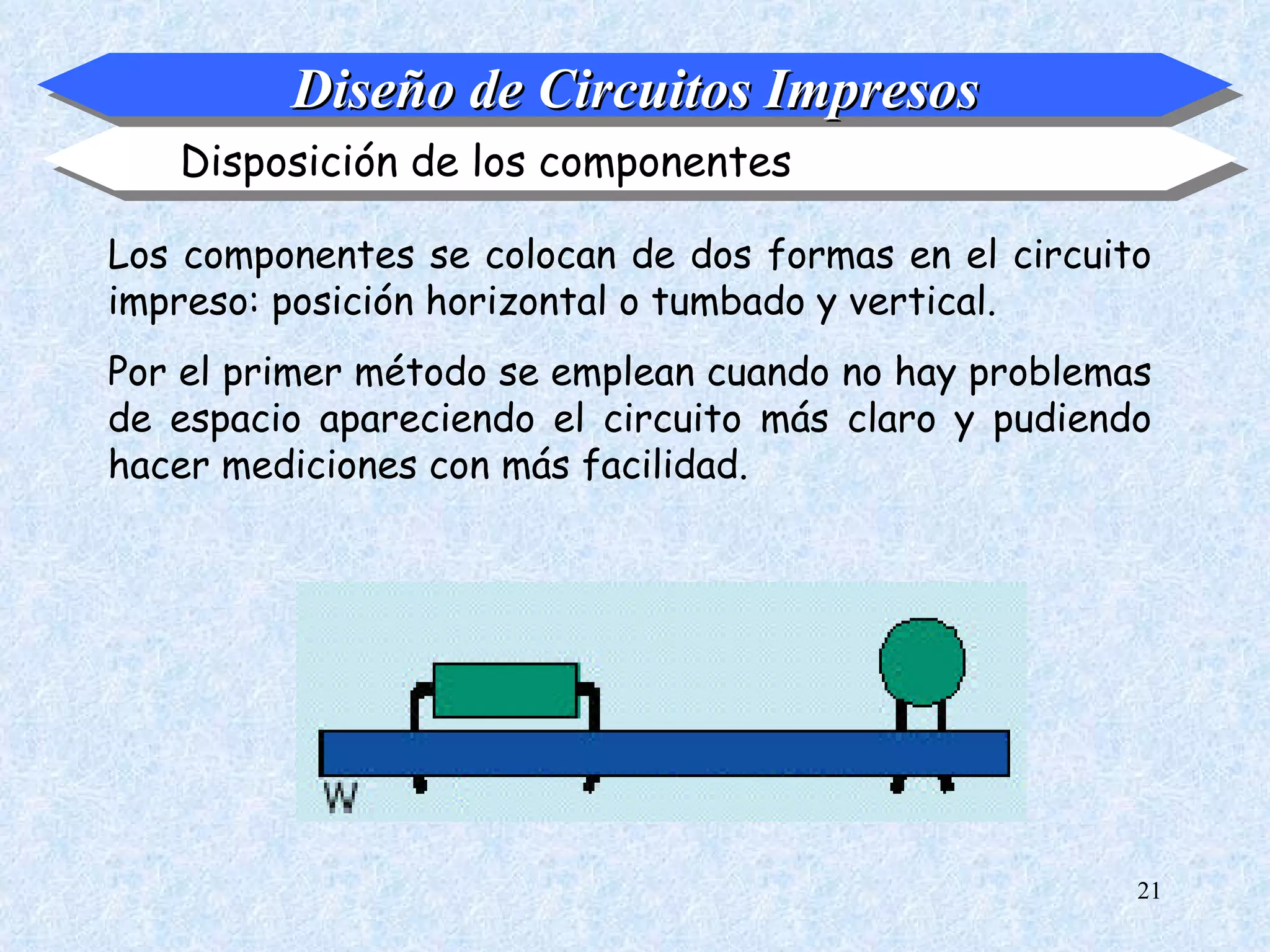 Diseño de Circuitos Impresos
   Disposición de los componentes

Los componentes se colocan de dos formas en el circuito
impreso: posición horizontal o tumbado y vertical.
Por el primer método se emplean cuando no hay problemas
de espacio apareciendo el circuito más claro y pudiendo
hacer mediciones con más facilidad.




                                                      21
 