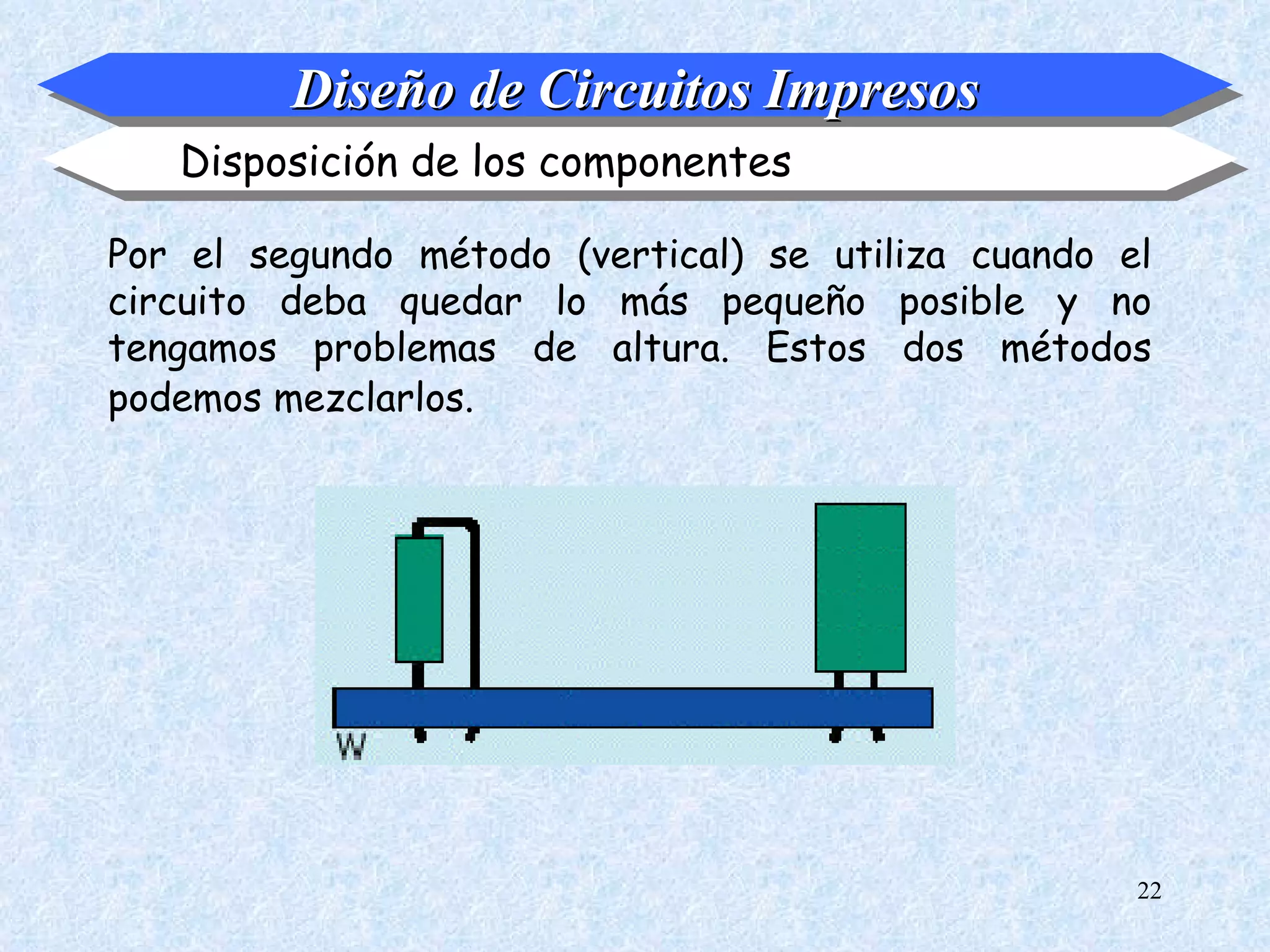 Diseño de Circuitos Impresos
   Disposición de los componentes

Por el segundo método (vertical) se utiliza cuando el
circuito deba quedar lo más pequeño posible y no
tengamos problemas de altura. Estos dos métodos
podemos mezclarlos.




                                                    22
 