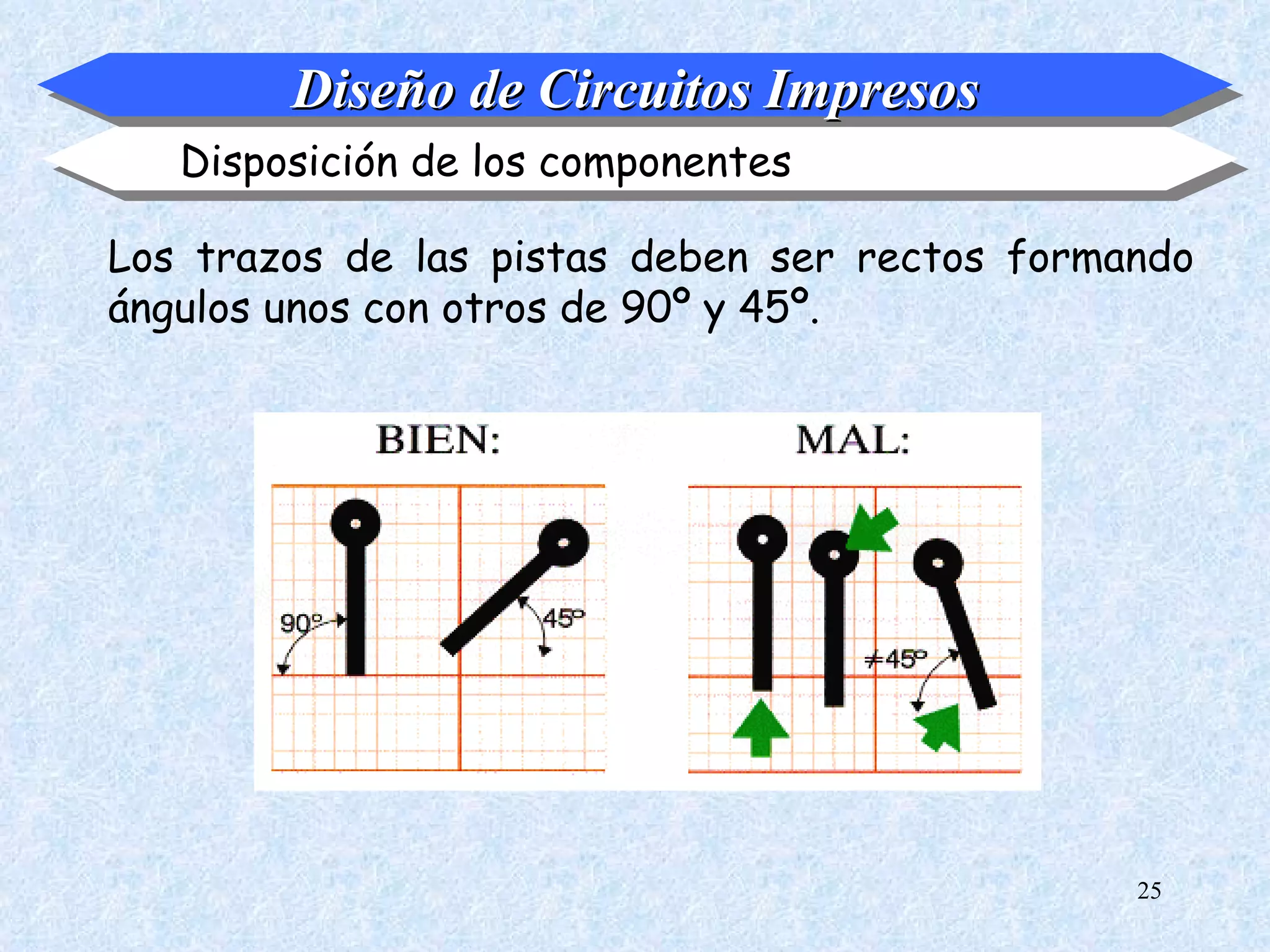Diseño de Circuitos Impresos
   Disposición de los componentes

Los trazos de las pistas deben ser rectos formando
ángulos unos con otros de 90º y 45º.




                                               25
 