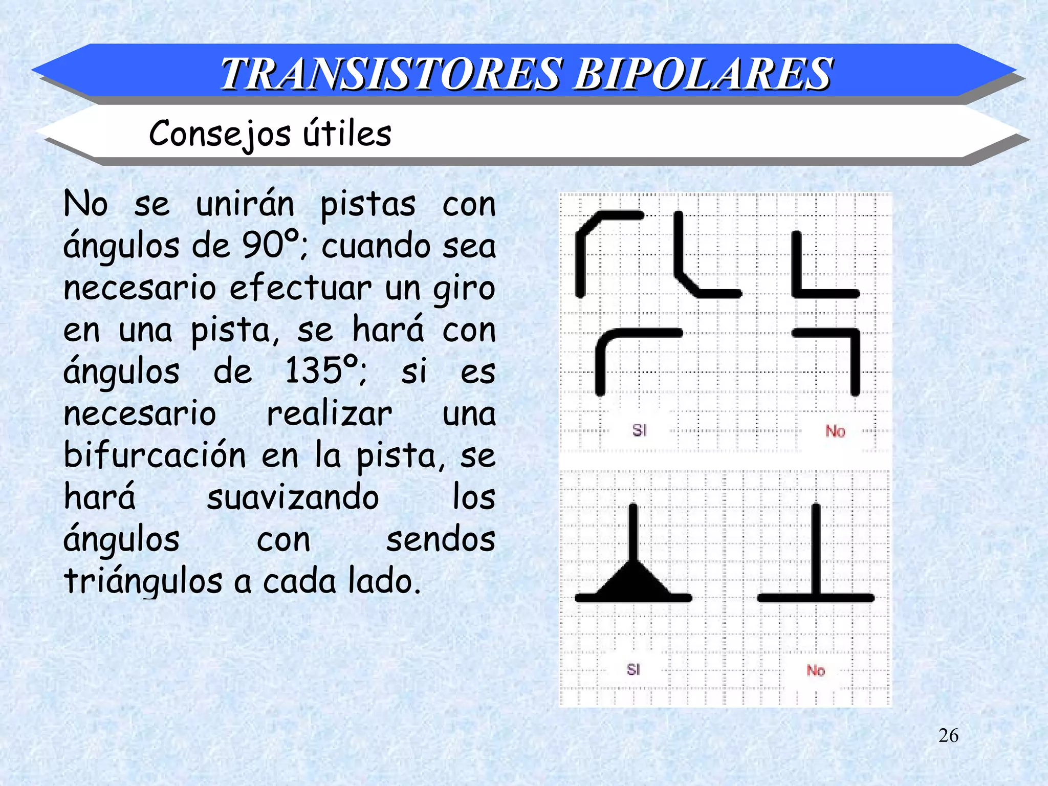 TRANSISTORES BIPOLARES
     Consejos útiles

No se unirán pistas con
ángulos de 90º; cuando sea
necesario efectuar un giro
en una pista, se hará con
ángulos de 135º; si es
necesario realizar una
bifurcación en la pista, se
hará     suavizando      los
ángulos     con      sendos
triángulos a cada lado.



                                  26
 