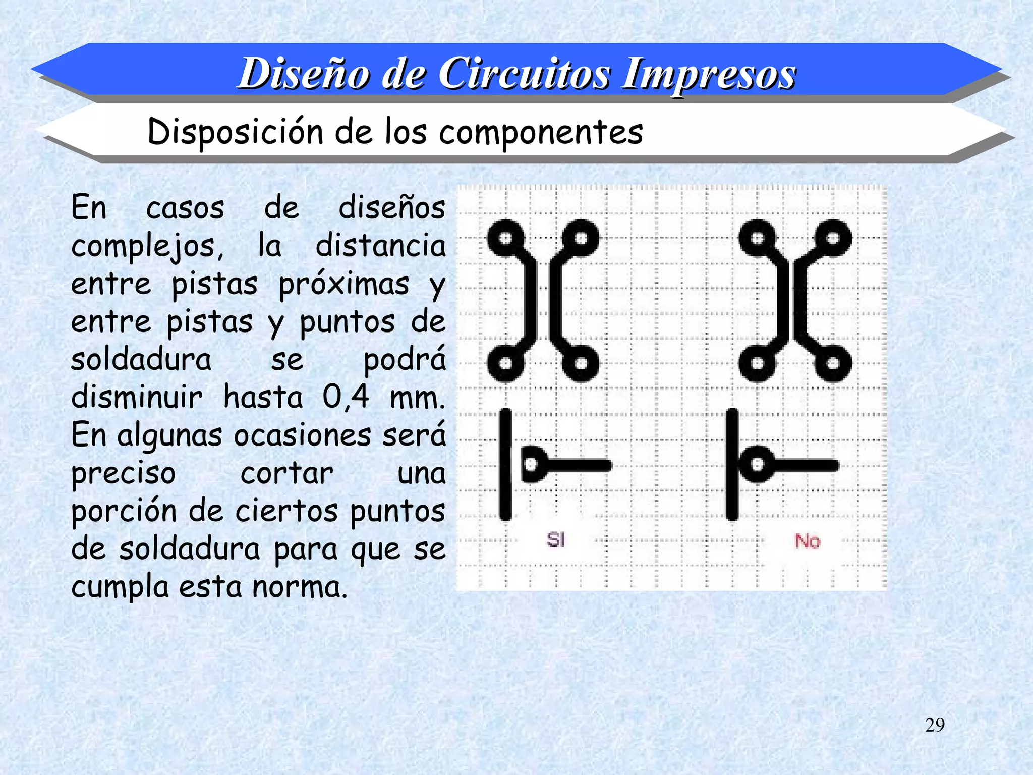 Diseño de Circuitos Impresos
     Disposición de los componentes

En casos de diseños
complejos, la distancia
entre pistas próximas y
entre pistas y puntos de
soldadura     se    podrá
disminuir hasta 0,4 mm.
En algunas ocasiones será
preciso    cortar     una
porción de ciertos puntos
de soldadura para que se
cumpla esta norma.



                                          29
 