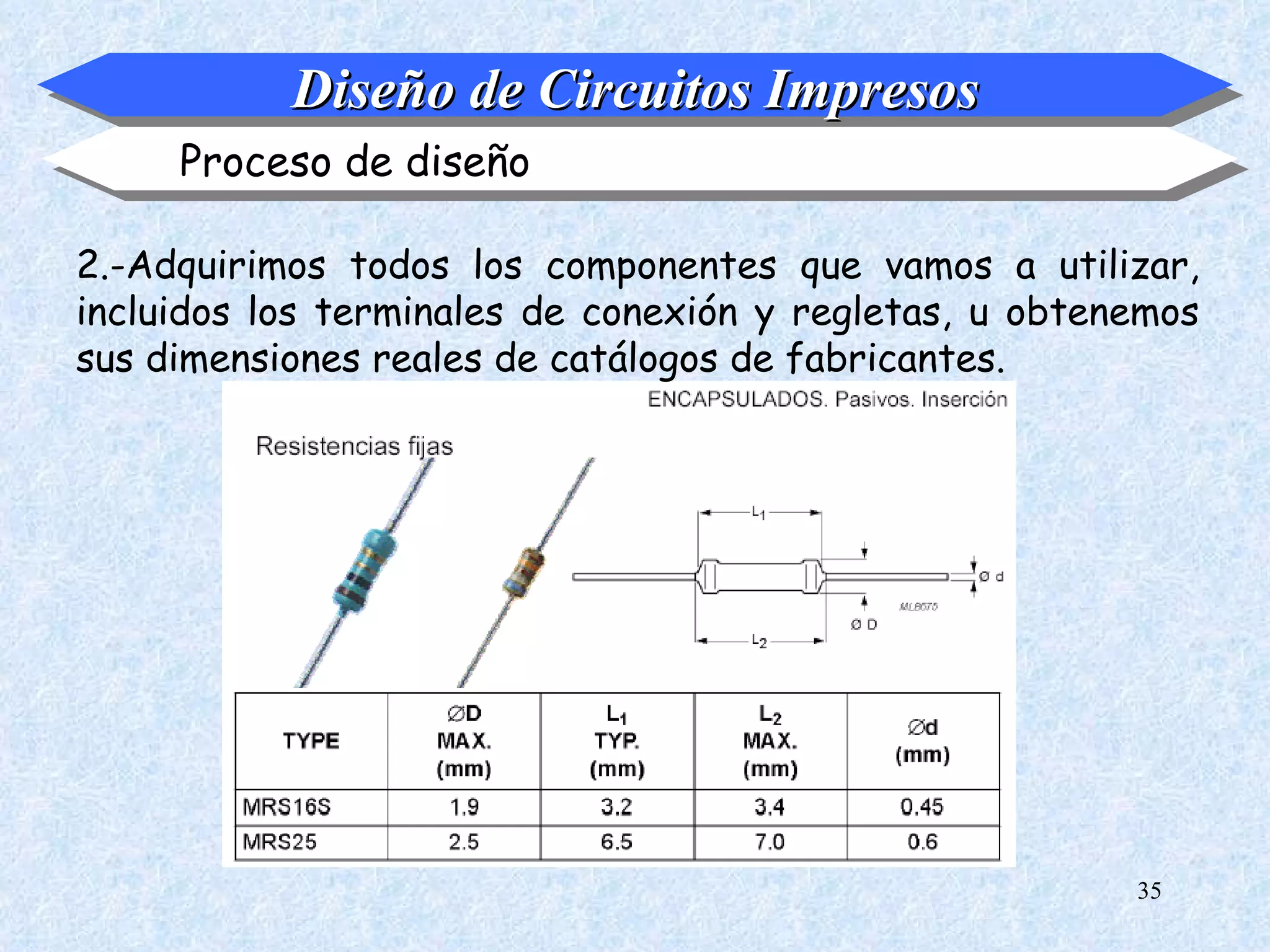 Diseño de Circuitos Impresos
     Proceso de diseño

2.-Adquirimos todos los componentes que vamos a utilizar,
incluidos los terminales de conexión y regletas, u obtenemos
sus dimensiones reales de catálogos de fabricantes.




                                                        35
 