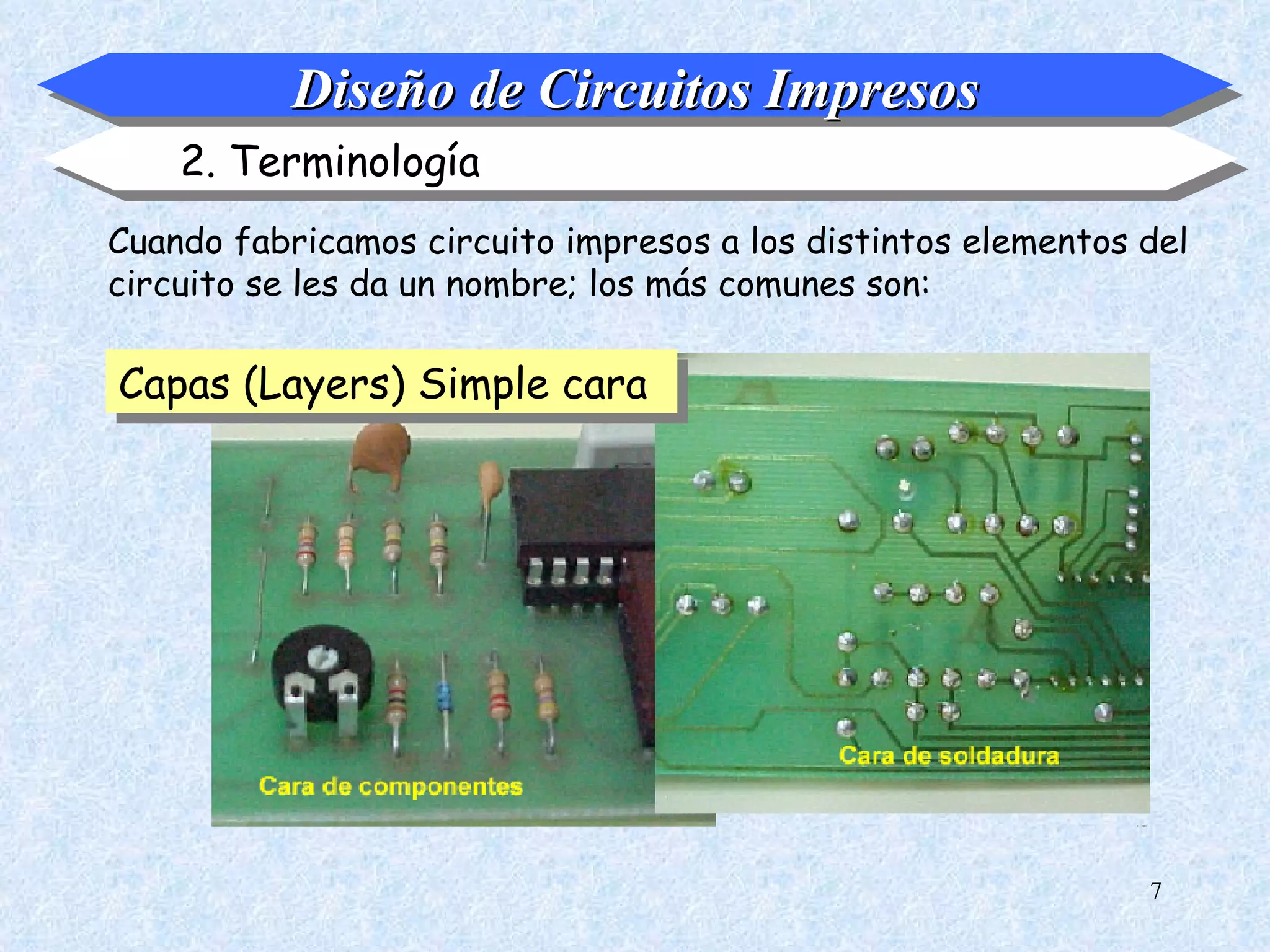 Diseño de Circuitos Impresos
    2. Terminología
Cuando fabricamos circuito impresos a los distintos elementos del
circuito se les da un nombre; los más comunes son:

Capas (Layers) Simple cara




                                                              7
 