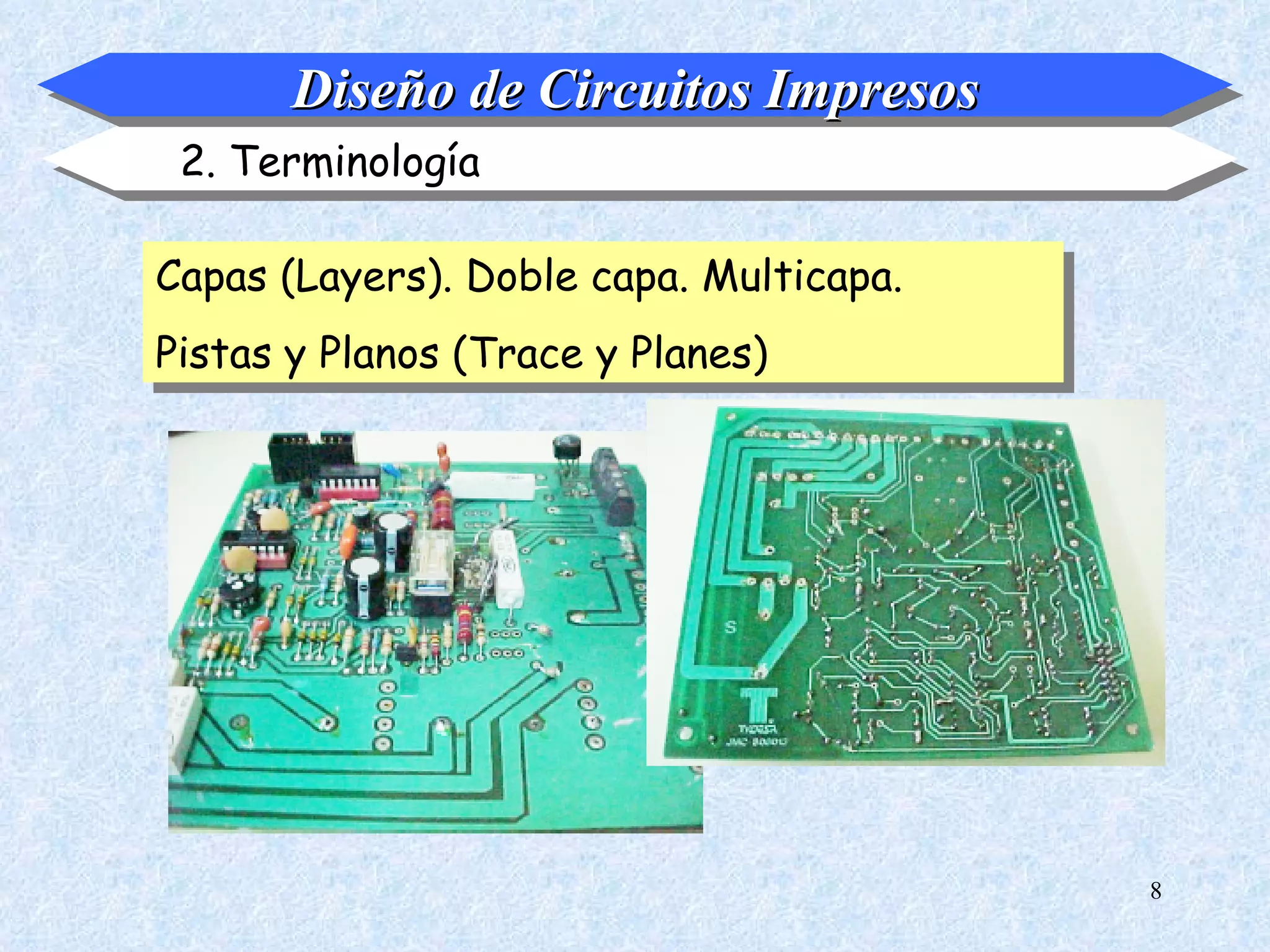 Diseño de Circuitos Impresos
 2. Terminología

Capas (Layers). Doble capa. Multicapa.
Pistas y Planos (Trace y Planes)




                                         8
 