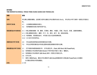 DRAF271010

教学模组
TMK MERENTAS MODUL TERAS TEMA DUNIA SAINS DAN TEKNOLOGI

课题:              植物

说明:              学生确认周围的植物。这堂课介绍学生微软文件处理软件(MS Word)。 学生将从中学习制作一张图文并茂的文
                 件。
科学学习标准:          4.1    分析植物及植物的各部分。
                 4.2    利用植物的各部分制作各类产品。

信息通讯技术内容标准: 4.1 .1 确认周围的植物：草、蕨类、芒果树、椰树、木槿花、凤梨、凤仙花、玫瑰、胡姬和香蕉树。
                 4.1. 2 确认植物的各部分：嫩芽、叶子、花、果实、树干、茎、树枝及树根。
                 4.1.5 利用描绘、信息通讯技术、书写或口述方式呈现观察结果。
                 4.2.2 以口述方式讲述作品。

息通讯技术学习标准:       2.0    学生选择及使用适合的信息通讯技术资源。
                 7.0    学生应用信息通讯技术来表达富有创意及新颖的思想与见解。

信息通讯技术学习标准: 2.1        打开和保存绘图或绘画文件、文字处理文件。(Paint, MS Word, MS PowerPoint).
                 2.2   利用微软文字处理软件(MS Word)以不同字体及字型大小输入一篇短文。
                 2.3   利用微软文字处理软件 (MS Word) 制作一页图文并茂的文件。
                 2.6   打印文件。
                 7.1   使用小画家(Paint)、微软文字处理软件 (MS Word)和微软演示文稿 (MS PowerPoint) 以创意的
                       方式提出现有的 构思或概念。
时间:              2 小时

                                               16
 