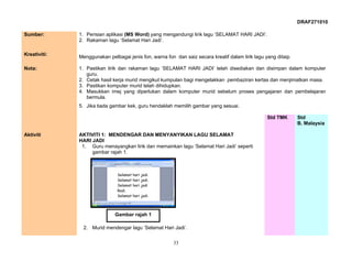 DRAF271010

Sumber:       1. Perisian aplikasi (MS Word) yang mengandungi lirik lagu ‘SELAMAT HARI JADI’.
              2. Rakaman lagu ‘Selamat Hari Jadi’.

Kreativiti:   Menggunakan pelbagai jenis fon, warna fon dan saiz secara kreatif dalam lirik lagu yang ditaip.

Nota:         1. Pastikan lirik dan rakaman lagu ‘SELAMAT HARI JADI’ telah disediakan dan disimpan dalam komputer
                 guru.
              2. Cetak hasil kerja murid mengikut kumpulan bagi mengelakkan pembaziran kertas dan menjimatkan masa.
              3. Pastikan komputer murid telah dihidupkan.
              4. Masukkan imej yang diperlukan dalam komputer murid sebelum proses pengajaran dan pembelajaran
                 bermula.
              5. Jika tiada gambar kek, guru hendaklah memilih gambar yang sesuai.

                                                                                                  Std TMK       Std
                                                                                                                B. Malaysia

Aktiviti      AKTIVITI 1: MENDENGAR DAN MENYANYIKAN LAGU SELAMAT
              HARI JADI
               1. Guru menayangkan lirik dan memainkan lagu ‘Selamat Hari Jadi’ seperti
                   gambar rajah 1.



                               Selamat hari   jadi.
                               Selamat hari   jadi.
                               Selamat hari   jadi
                               Radi.
                               Selamat hari   jadi.




                              Gambar rajah 1

               2. Murid mendengar lagu ‘Selamat Hari Jadi’.


                                                        33
 