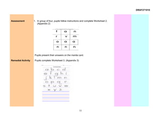 DRAF271010



Assessment          1. In group of four, pupils follow instructions and complete Worksheet 2.
                       (Appendix 2)




                     Pupils present their answers on the manila card.

Remedial Activity    Pupils complete Worksheet 3. (Appendix 3)




                                                                 53
 