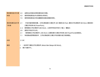 DRAF271010



信息通讯技术内容 2.0      选择及应用适合的信息通讯技术资源。
标准        4.0     使用信息通讯技术以获取和分享知识。
          7.0     使用信息通讯技术来呈献富有创意及新颖的构思。


信息和通讯技术学 2.1      开启并储存图表档案、文字处理或演示文稿文件 (如小画家 MS Paint, 微软文字处理软件 MS Word, 微软演示
习标准               文稿文件软体 MS PowerPoint)。
          2 .2    使用微软文字处理软件 (MS Word)，以各种字体及字体大小输入一篇短文
          2.6     使用打印机打印文件。
          4.1      使用微软文字处理软件（MS Word）及微软演示文稿文件软体 (MS PowerPoint)发表意见。
          7.1     有创意地使用图表软件、文字处理或演示文稿文件发表意见或已有的概念。


时间        2 小时


教具        1.    一起来学习微软文字处理软件 (Modul Mari Belajar MS Word)。
          2.    图片与数字卡。




                                            56
 