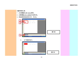 DRAF271010



为基本形状上色
1．点击色桶(fill with colour)图标。
2．从彩色箱(colour pallete)中选择红色。
3．将绘制图表拖曳到四方形，并点击。


    1
    3




                                    图十四

    2


     4．   以下画面将显示。




                                    图十五



                               64
 