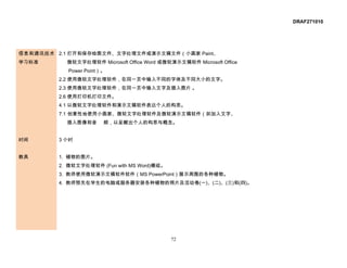 DRAF271010




信息和通讯技术 2.1 打开和保存绘图文件、文字处理文件或演示文稿文件（小画家 Paint、
学习标准       微软文字处理软件 Microsoft Office Word 或微软演示文稿软件 Microsoft Office
           Power Point）。
         2.2 使用微软文字处理软件，在同一页中输入不同的字体及不同大小的文字。
         2.3 使用微软文字处理软件，在同一页中输入文字及插入图片 。
         2.6 使用打印机打印文件。
         4.1 以微软文字处理软件和演示文稿软件表达个人的构思。
         7.1 创意性地使用小画家、微软文字处理软件及微软演示文稿软件（如加入文字、
           插入图像和音      频，以呈献出个人的构思与概念。


时间       3 小时


教具       1. 植物的图片。
         2. 微软文字处理软件 (Fun with MS Word)模组。
         3. 教师使用微软演示文稿软件软件（MS PowerPoint）展示周围的各种植物。
         4. 教师预先在学生的电脑或服务器安装各种植物的照片及活动卷(一)、(二)、(三)和(四)。




                                             72
 