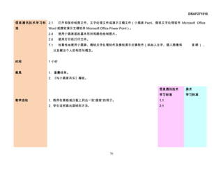 DRAF271010

信息通讯技术学习标 2.1     打开和保存绘图文件、文字处理文件或演示文稿文件（小画家 Paint、微软文字处理软件 Microsoft Office
准          Word 或微软演示文稿软件 Microsoft Office Power Point）。
           2.4    使用小画家里的基本形状和颜色绘制图片。
           2.6    使用打印机打印文件。
           7.1    创意性地使用小画家、微软文字处理软件及微软演示文稿软件（如加入文字、插入图像和              音频），
                 以呈献出个人的构思与概念。


时间         1 小时


教具         1. 重叠线条。
           2. 《与小画家共乐》模组。


                                                           信息通讯技术    美术
                                                           学习标准      学习标准
教学活动       1. 教师在黑板或白板上列出一些“直线”的例子。                        1.1
           2. 学生说明画出直线的方法。                                 2.1




                                           76
 