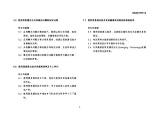 DRAF271010


5.0 使用信息通讯技术来解决问题和制定决策              7.0 使用信息通讯技术来呈献富有创意及新颖的构思


  学生将能够：                              学生将能够：
  5.1 应用解决问题方案的技巧，既确认和分析问题、拟定         7.1 使用信息通讯技术，以新颖及独特的方式呈献本身的
    策略、选择适合的策略、实践策略并评估方案。                想法。
  5.2 应用解决问题方案以传递信息，或通过信息通讯技术         7.2 制定策略以呈献创新的想法和知识。
    呈献有关决策。                           7.3 制作原创且内容丰富的电子作品。
  5.3 关联解决问题方案的程序与制定决策，及说明解决方         7.4 引用最新的信息通讯技术(Emerging Technology)呈献
    案或应对策略。                              本身的想法及信息。
  5.4 集合所有获得通过的解决问题方案程序与解决方案，
    以供日后参考。


6.0 使用信息通讯技术来提高效率及个人学识


  学生将能够：
  6.1 使用信息通讯技术工具，创作出有效及有创意的专案
    和作业。
  6.2 使用信息通讯技术与同伴、专才或其他人合作以提高
    生产率。
  6.3 使用信息通讯技术增加学习机会并为终身学习打下基
    础。



                                6
 