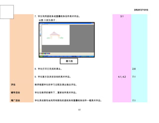DRAF271010

       7. 学生利用直线条或重叠线条创作美术作品。             3.1
         以图 十四为例子：




                        图十四


       8. 学生打印已完成的课业。                              2.6


       9. 学生展示及讲述自创的美术作品。               4.1, 4.2   7.1


评估     教师根据学生的学习过程及课业做出评估。


辅导活动   学生在教师的辅导下，重新创作美术作品。


增广活动   学生具创意性地利用有颜色的直线条和重叠线条创作一幅美术作品。              7.1



                              85
 