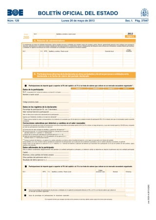 BOLETÍN OFICIAL DEL ESTADO 
Núm. 120 Lunes 20 de mayo de 2013 Sec. I. Pág. 37047 
N.I.F. Apellidos y nombre o razón social 
A. Relación de administradores 
Página 2 
A cumplimentar por todas las entidades declarantes. Indicar aquellas personas o entidades que ostenten cargos de consejero, gestor, director, administrador general y otros análogos que supongan la 
dirección, administración o control de la entidad. Identifi cación del representante (a cumplimentar sólo por contribuyentes del Impuesto sobre la Renta de no Residentes: establecimientos permanentes 
y entidades en régimen de atribución de rentas constituidas en el extranjero con presencia en territorio español). 
Código 
N.I.F. F/J RPTE. Apellidos y nombre / Razón social Domicilio fi scal Provincial 
B. Participaciones directas de la declarante en otras sociedades y de otras personas o entidades en la 
declarante a la fecha de cierre del período declarado 
B.1. Participaciones de la declarante en otras entidades 
Participaciones de importe igual o superior al 5% del capital o al 1% si se trata de valores que coticen en un mercado secundario organizado(*). 
Datos de la participada: 
N.I.F. (ó equivalente al N.I.F. del país de residencia, si no tiene N.I.F. en España) .......................... 
Nombre o razón social .................................................................. 
Código provincia /país ............................................................... 
Datos en los registros de la declarante: 
Porcentaje de participación (%, con 2 decimales) ......................... 
Valor nominal total de la participación ........................................ 
Valor en libros (en el activo de la declarante) de la participación ......................... 
Ingresos por Dividendos recibidos en el ejercicio declarado(*) .............................. 
Entidad 1.ª Entidad 2.ª Entidad 3.ª Entidad 4.ª 
(*) Deben incluirse también los datos correspondientes a los dividendos de sociedades que a fi n de ejercicio no cumplan el mínimo de participación (5% ó 1% si cotizan), pero que sí lo alcanzaban cuando se percibió 
el dividendo. 
Correcciones valorativas por deterioro y cambios en el valor razonable: 
(Cumplimente este apartado para todas las participaciones en las que se haya tenido un porcentaje superior al 5% -ó al 1% si cotizan- a lo largo del ejercicio, y cuyo valor nominal supere los 100.000 euros, incluyendo 
por tanto las participaciones transmitidas en el ejercicio) 
a) Corrección de valor incluida en pérdidas y ganancias del ejercicio(**)........ 
Datos adicionales de la participada: 
(Sólo se deberá cumplimentar obligatoriamente este apartado si la entidad participada es extranjera y el deterioro sufrido se determina en relación al patrimonio neto de la entidad participada) 
Capital ...................................................................................... 
Reservas y otras partidas de fondos propios .............................. 
Otras partidas del patrimonio neto (+,-) ....................................... 
Resultado del último ejercicio (+,-) .............................................. 
B.2. Participaciones de personas o entidades en la declarante 
Participaciones de importe igual o superior al 5% del capital o al 1% si se trata de valores que coticen en un mercado secundario organizado. 
Código 
N.I.F. RPTE. F/J Apellidos y nombre / Razón social provincia / país Nominal % Particip. 
Suma de porcentajes de participación de personas o entidades en el capital de la declarante inferiores al 5% o al 1% si se trata de valores que coticen en 
un mercado secundario organizado .................................................................................................................................................................................................... 
Suma de porcentajes de participaciones en situaciones especiales ...................................................................................................................................................... 
2012 
En el supuesto de tener que consignar más datos de los previstos en esta hoja, adjunte cuantas copias de la misma sean necesarias. 
Modelo 
200 
b) Corrección fi scal (art. 12.3 LIS) del resultado del ejercicio, derivado de la corrección 
valorativa anterior [(+) = aumento; (-) = disminución] ................................................. 
c) Efecto de la corrección valorativa en la BI del ejercicio (= a + b) ............. 
d) Saldo de correcciones fi scales (art. 12.3 LIS) pendientes a fi n de ejercicio [(+) = 
aumentos futuros; (-) = disminuciones futuras] .......................................................... 
(**) Incluya la variación del deterioro y, en general, los cambios valorativos con efectos sobre el resultado del ejercicio, con el signo con que opere en el cálculo del resultado. 
Incluya también, en su caso, el efecto sobre el "resultado por enajenación de participaciones" por la aplicación de los deterioros acumulados (y de los cambios valorativos acumulados, en general). 
Ponga el signo con que opere en la cuenta de P y G: (-) = deterioro; (+) = reversión del deterioro o aplicación del deterioro por transmisión de la participación. En el caso de cambios de valor positivos, signos 
opuestos a los indicados. 
cve: BOE-A-2013-5263 
 