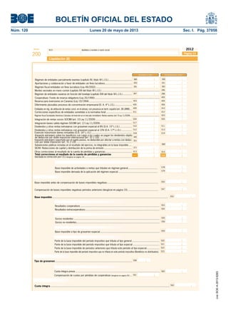BOLETÍN OFICIAL DEL ESTADO 
Núm. 120 Lunes 20 de mayo de 2013 Sec. I. Pág. 37058 
Modelo N.I.F. Apellidos y nombre o razón social 
200 
2012 
Detalle de las correcciones al resultado de la cuenta de pérdidas y ganancias (cont.) 
(excluida la corrección por I.S.) 
Régimen de entidades parcialmente exentas (capítulo XV, título VII L.I.S.) .................................. 
Aportaciones y colaboración a favor de entidades sin fi nes lucrativos....................................... 250 251 
Régimen fi scal entidades sin fi nes lucrativos (Ley 49/2002) .................................................... 
389 
391 
Montes vecinales en mano común (capítulo XVI del título VII L.I.S.) ................................................................................... 
Régimen de entidades navieras en función del tonelaje (capítulo XVII del título VII L.I.S.) ............. 397 
Cooperativas: Fondo de reserva obligatorio (Ley 20/1990) ............................................................................................. 
Reserva para inversiones en Canarias (Ley 19/1994) ............................................................. 
Diferimiento plusvalías procesos de concentración empresarial (D. A. 4ª L.I.S.) ......................... 
Entidades en rég. de atribución de rentas const. en el extranj. con presencia en territ. español (art. 38 LIRNR) ... 
Correcciones específi cas de entidades sometidas a la normativa foral ..................................... 
403 
405 
409 
411 
Régimen fi scal Sociedades Anónimas Cotizadas de Inversión en el mercado inmobiliario: Rentas exentas (art. 9 Ley 11/2009)......................................................... 
Integración de rentas socios SOCIMI (art. 10 Ley 11/2009) .................................................... 
Integración bases salida régimen SOCIMI (art. 12 Ley 11/2009) .............................................. 
Dividendos y otras rentas extranjeras con gravamen especial al 8% (D.A. 15ª L.I.S.) ................. 
Exención transmisión bienes inmuebles (D.A. 16ª L.I.S.) .......................................................... 
Dividendos y otras rentas extranjeras con gravamen especial al 10% (D.A. 17ª L.I.S.) ............... 
Impuesto extranjero sobre los benefi cios con cargo a los cuales se pagan los dividendos objeto 
de deducción por doble imposición internacional (art. 32.1 LIS) ............................................... 
Impuesto extranjero soportado por el sujeto pasivo, no deducible por afectar a rentas con deduc-ción 
por doble imposición (art. 31.2 LIS) ............................................................................... 
340 
351 
Subvenciones públicas incluidas en el resultado del ejercicio, no integrables en la base imponible ..... 368 
SICAV: Reducciones de capital y distribución de la prima de emisión ........................................ 
Otras correcciones al resultado de la cuenta de pérdidas y ganancias ...................................... 
Total correcciones al resultado de la cuenta de pérdidas y ganancias 
(excluida la corrección por I.S.) (desglose en página 18) .............................................................................................. 
Base imponible 
Página 13 
Liquidación (II) 
390 
392 
404 
410 
412 
503 
505 
511 
513 
519 
414 
504 
517 
510 
512 
518 
371 
413 
417 418 
Entidades navieras en régimen de tributación en función del tonelaje 
Aumentos (cont.) Disminuciones (cont.) 
396 
398 
400 
406 
Base imponible de actividades o rentas que tributen en régimen general .......................................... 578 
Base imponible derivada de la aplicación del régimen especial ........................................................ 
Base imponible antes de compensación de bases imponibles negativas ......................................................................... 550 
547 
Base imponible ...................................................................................................................................................................... 
Sólo sociedades cooperativas 
579 
Compensación de bases imponibles negativas períodos anteriores (desglose en página 15) ............................................ 
552 
Resultados cooperativos ................................................................................................................. 
Resultados extracooperativos .......................................................................................................... 
553 
554 
Sólo agrupaciones españolas de interés económico y UTES 
Socios residentes ........................................................................................................................... 555 
Socios no residentes ....................................................................................................................... 
556 
Sólo entidades ZEC 
Base imponible a tipo de gravamen especial ..................................................................................... 559 
Sólo SOCIMIS 
Parte de la base imponible del período impositivo que tributa al tipo general ....................................... 
Parte de la base imponible del período impositivo que tributa al tipo especial ...................................... 
Parte de la base imponible de períodos anteriores que tributa este período al tipo especial .................. 
Parte de la base imponible del período impositivo que no tributa en este período impositivo (Benefi cios no distribuidos) . 
558 
Tipo de gravamen 
Tipo de gravamen .............................................................................................................. 
520 
521 
522 
523 
560 
Cuota íntegra 
Sólo sociedades cooperativas 
Cuota íntegra previa ......................................................................................................................... 
562 
Compensación de cuotas por pérdidas de cooperativas (desglose en página 20) ... 561 
Cuota íntegra .......................................................................................................................................................................... 
cve: BOE-A-2013-5263 
 