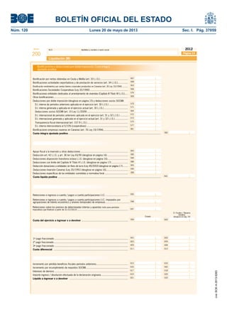 BOLETÍN OFICIAL DEL ESTADO 
Núm. 120 Lunes 20 de mayo de 2013 Sec. I. Pág. 37059 
Modelo N.I.F. Apellidos y nombre o razón social 
200 
2012 
Liquidación (III) 
Bonifi caciones y deducciones por doble imposición. Cuota íntegra 
ajustada positiva 
Bonifi caciones entidades dedicadas al arrendamiento de viviendas (Capítulo III Título VII L.I.S.) ..... 
D.I. interna de períodos anteriores aplicada en el ejercicio (art. 30 L.I.S.) ............................ 
D.I. interna generada y aplicada en el ejercicio actual (art. 30 L.I.S.) ................................... 
Deducciones socios SOCIMI (art. 10 Ley 11/2009) ........................................................... 564 
D.I. internacional de períodos anteriores aplicada en el ejercicio (art. 31 y 32 L.I.S.) ............ 
D.I. internacional generada y aplicada en el ejercicio actual (art. 31 y 32 L.I.S.) ................... 
Transparencia fi scal internacional (art. 107.9 L.I.S.) ........................................................... 
D.I. interna intersocietaria al 5/10% (cooperativas) ............................................................ 
Bonifi caciones empresas navieras en Canarias (art. 76 Ley 19/1994) .................................... 581 
Otras deducciones. Cuota líquida positiva 
Apoyo fi scal a la inversión y otras deducciones .................................................................... 
Deducción art. 42 L.I.S. y art. 36 ter Ley 43/95 (desglose en página 16) .............................. 
Deducciones disposición transitoria octava L.I.S. (desglose en página 16) .............................. 
Deducciones con límite del Capítulo IV Título VI L.I.S. (desglose en página 17) ........................ 
Deducción donaciones a entidades sin fi nes de lucro (Ley 49/2002) (desglose en página 17) ........ 
Deducciones Inversión Canarias (Ley 20/1991) (desglose en página 16) ................................ 
563 
566 
576 
569 
575 
584 
588 
565 
590 
Deducciones específi cas de las entidades sometidas a normativa foral .................................. 
Cuota líquida positiva .................................................................................................................................................... 
Cuota del ejercicio a ingresar o a devolver 
Retenciones e ingresos a cuenta / pagos a cuenta participaciones I.I.C. imputados por 
agrupaciones de interés económico y uniones temporales de empresas .................................. 
Cuota del ejercicio a ingresar o a devolver ................................................................... 
D. Forales / Navarra 
(totales) 
Estado (desglose en pág. 24) 
Pagos fraccionados. Cuota diferencial 
1er pago fraccionado .......................................................................................................... 
2º pago fraccionado ........................................................................................................... 
3er pago fraccionado .......................................................................................................... 
Cuota diferencial ........................................................................................................... 
Líquido a ingresar o a devolver 
567 
568 
570 
571 
572 
573 
577 
582 
583 
585 
399 
596 
599 600 
601 
603 
605 
611 
602 
604 
606 
612 
Incremento por pérdida benefi cios fi scales períodos anteriores.............................................. 615 616 
633 
617 
619 
621 
642 
618 
620 
622 
Página 14 
592 
595 
Bonifi cación por rentas obtenidas en Ceuta y Melilla (art. 33 L.I.S.) ........................................ 
Bonifi caciones actividades exportadoras y de prestación de servicios (art. 34 L.I.S.)............... 
Bonifi cación rendimientos por ventas bienes corporales producidos en Canarias (art. 26 Ley 19/1994) .......... 
Bonifi caciones Sociedades Cooperativas (Ley 20/1990) ....................................................... 
Otras bonifi caciones ........................................................................................................... 
Deducciones por doble imposición (desglose en página 15) y deducciones socios SOCIMI: 
Cuota íntegra ajustada positiva ..................................................................................................................................... 
Retenciones e ingresos a cuenta / pagos a cuenta participaciones I.I.C. ................................ 
Incremento por incumplimiento de requisitos SOCIMI............................................................. 
Intereses de demora .......................................................................................................... 
Importe ingreso / devolución efectuada de la declaración originaria ....................................... 
Líquido a ingresar o a devolver .................................................................................... 
597 
Retenciones sobre los premios de determinadas loterías y apuestas (sólo para períodos 
impositivos que fi nalicen a partir de 31/12/2012) ......................................................................... 
cve: BOE-A-2013-5263 
 