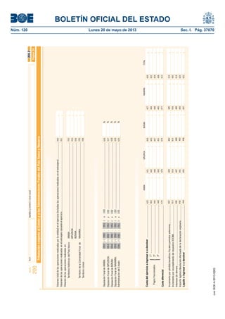 BOLETÍN OFICIAL DEL ESTADO 
Núm. 120 Lunes 20 de mayo de 2013 Sec. I. Pág. 37070 
Modelo N.I.F. Apellidos y nombre o razón social 
200 
2012 
Tributación conjunta al Estado y a las Administraciones Forales del País Vasco y Navarra 
Página 24 
Aplicación del concierto económico con la Comunidad Autónoma del País Vasco y del Convenio Económico 
entre el Estado y la Comunidad Foral de Navarra 
Volumen total de las operaciones realizadas por la entidad en el ejercicio (incluidas las operaciones realizadas en el extranjero) ........................ 
Volumen de las operaciones realizadas en el extranjero durante el ejercicio .................................................................................................... 
Volumen de las operaciones realizadas en: 
Territorios históricos del País Vasco: ARABA ................................................................................................................................ 
GIPUZKOA ........................................................................................................................... 
BIZKAIA ............................................................................................................................... 
Territorio de la Comunidad Foral de NAVARRA............................................................................................................................. 
Territorio común ............................................................................................................................................................................ 
Cálculo de los porcentajes de tributación a cada una de las Administraciones 
Diputación Foral de GIPUZKOA: 053 / ( 050 - 051 ) x 100 ................................................................................................ 
Diputación Foral de BIZKAIA: 054 / ( 050 - 051 ) x 100 ................................................................................................ 
Diputación Foral de NAVARRA: 055 / ( 050 - 051 ) x 100 ................................................................................................ 
Administración del Estado: 056 / ( 050 - 051 ) x 100 ................................................................................................ 
Cuota del ejercicio a ingresar o a devolver ............................................... 1º ...................................................................... 
Pagos fraccionados { 2º ...................................................................... 
3º ...................................................................... 
050 
051 
053 
054 
055 
627 
628 
629 
ARABA GIPUZKOA BIZKAIA NAVARRA TOTAL 
Cuota diferencial ..................................................................................................... 
% 
% 
% 
% 
% 
Diputación Foral de ARABA: 052 / ( 050 - 051 ) x 100 ................................................................................................ 
Incremento por incumplimiento de requisitos SOCIMI.......................................... 
Intereses de demora ....................................................................................... 
Importe ingreso/devolución efectuada de la declaración originaria ...................... 
Líquido a ingresar o a devolver ................................................................. 
052 
056 
626 
625 
420 
402 
445 
449 
474 
913 
486 
490 
494 
421 
442 
446 
450 
475 
914 
487 
491 
495 
426 
443 
447 
451 
476 
915 
488 
492 
496 
427 
444 
448 
465 
477 
916 
489 
493 
497 
600 
602 
604 
606 
612 
642 
618 
620 
622 
Determinación del líquido a ingresar o a devolver a cada una de las Administraciones 
Incremento por pérdida benefi cios fi scales períodos anteriores........................... 482 483 484 485 616 
cve: BOE-A-2013-5263 
 