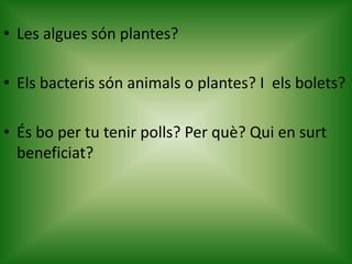 • Les algues són plantes?
• Els bacteris són animals o plantes? I els bolets?
• És bo per tu tenir polls? Per què? Qui en surt
beneficiat?
 