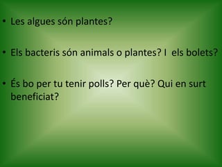 • Les algues són plantes?
• Els bacteris són animals o plantes? I els bolets?
• És bo per tu tenir polls? Per què? Qui en ...
