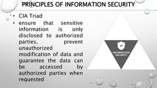 PRINCIPLES OF INFORMATION SECURITY
• CIA Triad
• ensure that sensitive
information is only
disclosed to authorized
parties, prevent
unauthorized
modification of data and
guarantee the data can
be accessed by
authorized parties when
requested
CONFIDENTIALITY
AVAILABILITY
 