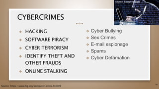 CYBERCRIMES
⬗ HACKING
⬗ SOFTWARE PIRACY
⬗ CYBER TERRORISM
⬗ IDENTIFY THEFT AND
OTHER FRAUDS
⬗ ONLINE STALKING
39
⬗ Cyber Bullying
⬗ Sex Crimes
⬗ E-mail espionage
⬗ Spams
⬗ Cyber Defamation
Source: https://www.hg.org/computer-crime.html#2
Source: Google Images
 