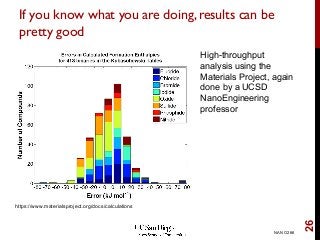 If you know what you are doing,results can be
pretty good
High-throughput
analysis using the
Materials Project, again
done by a UCSD
NanoEngineering
professor
NANO266
26
https://www.materialsproject.org/docs/calculations
 