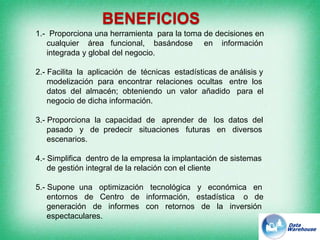 1.- Proporciona una herramienta para la toma de decisiones en
cualquier área funcional, basándose en información
integrada y global del negocio.
2.- Facilita la aplicación de técnicas estadísticas de análisis y
modelización para encontrar relaciones ocultas entre los
datos del almacén; obteniendo un valor añadido para el
negocio de dicha información.
3.- Proporciona la capacidad de aprender de los datos del
pasado y de predecir situaciones futuras en diversos
escenarios.
4.- Simplifica dentro de la empresa la implantación de sistemas
de gestión integral de la relación con el cliente
5.- Supone una optimización tecnológica y económica en
entornos de Centro de información, estadística o de
generación de informes con retornos de la inversión
espectaculares.
BENEFICIOS
 