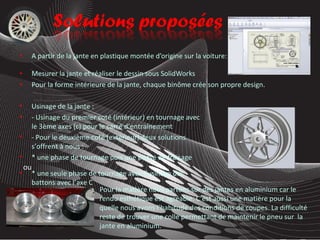 A partir de la jante en plastique montée d’origine sur la voiture: Mesurer la jante et réaliser le dessin sous SolidWorks Pour la forme intérieure de la jante, chaque binôme crée son propre design . Pour la matière nous partons sur des jantes en aluminium car le rendu esthétique est agréable. C’est aussi une matière pour la quelle nous avons l’habitude des conditions de coupes. La difficulté reste de trouver une colle permettant de maintenir le pneu sur  la jante en aluminium. Usinage de la jante : - Usinage du premier coté (intérieur) en tournage avec le 3ème axes (c) pour le carré d’entrainement - Pour le deuxième coté (extérieur) deux solutions s’offrent à nous : * une phase de tournage puis une phase de fraisage  * une seule phase de tournage avec l’usinage des battons avec l’axe C ou 