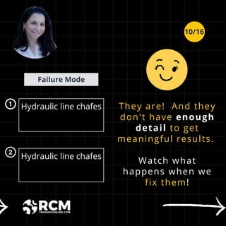 They are! And they
don't have enough
detail to get
meaningful results.
Watch what
happens when we
fix them!
Failure Mode
Hydraulic line chafes
due to normal
equipment vibration.
Hydraulic line chafes
due to improper
routing.
10/16
 