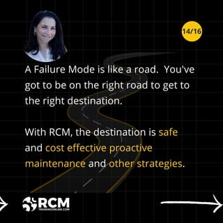 A Failure Mode is like a road. You've
got to be on the right road to get to
the right destination.
With RCM, the destination is safe
and cost effective proactive
maintenance and other strategies.
14/16
 