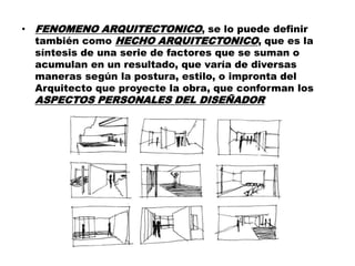 • FENOMENO ARQUITECTONICO, se lo puede definir
también como HECHO ARQUITECTONICO, que es la
síntesis de una serie de factores que se suman o
acumulan en un resultado, que varía de diversas
maneras según la postura, estilo, o impronta del
Arquitecto que proyecte la obra, que conforman los
ASPECTOS PERSONALES DEL DISEÑADOR
 