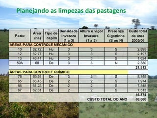 Planejando	
  as	
  limpezas	
  das	
  pastagens	
  
20	
  
Pasto
Área
(ha)
Tipo de
capim
Densidade
Invasora
(1 a 3)
Altura e vigor
Invasora
(1 a 3)
Presença
Ciganinha
(S ou N)
Custo total
da área
2005/06
ÁREAS PARA CONTROLE MECÂNICO
10 82,72 Hu 3 3 S 2.895
12 62,77 Hu 3 3 S 2.197
13 46,41 Hu 3 3 S 1.624
59A 68 De 3 3 N 2.380
21.812
ÁREAS PARA CONTROLE QUÍMICO
76 69,54 De 3 2 S 8.345
65 66,45 De 2 2 S 7.974
66 61,23 De 2 2 S 7.348
67 62,61 De 2 2 S 7.513
46.874
CUSTO TOTAL DO ANO 68.686
 