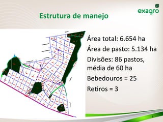 Estrutura	
  de	
  manejo	
  
Área	
  total:	
  6.654	
  ha 	
  	
  
Área	
  de	
  pasto:	
  5.134	
  ha	
  	
  
Divisões:	
  86	
  pastos,	
  	
  
média	
  de	
  60	
  ha	
  
Bebedouros	
  =	
  25	
  
Re>ros	
  =	
  3	
  
6	
  
 