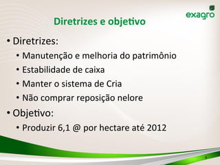 Diretrizes	
  e	
  objeKvo	
  
• Diretrizes:	
  
• Manutenção	
  e	
  melhoria	
  do	
  patrimônio	
  
• Estabilidade	
  de	
  caixa	
  
• Manter	
  o	
  sistema	
  de	
  Cria	
  
• Não	
  comprar	
  reposição	
  nelore	
  
• Obje>vo:	
  
• Produzir	
  6,1	
  @	
  por	
  hectare	
  até	
  2012	
  
9	
  
 