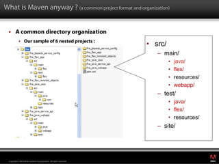 What is Maven anyway ? (a common project format and organization)


        A common directory organization
                 Our sample of 6 nested projects :
                                                                   • src/
                                                                      – main/
                                                                            •   java/
                                                                            •   flex/
                                                                            •   resources/
                                                                            •   webapp/
                                                                      – test/
                                                                            • java/
                                                                            • flex/
                                                                            • resources/
                                                                      – site/



                                                                                             ®




 Copyright 2008 Adobe Systems Incorporated. All rights reserved.
 