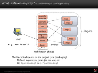 What is Maven anyway ? (a common way to build application)


                                                                      generate-
                                                                       sources                  mojo
                                                                       compile
                                                                                                  mojo
                                                                          test
                                                                                                mojo
                                                                       package                                plug-ins
                                                                      integration-
                                                                          test
                             user                                                                      mojo
                                                                        install
                                                                                                 mojo
           e.g. mvn install                                             deploy       bindings


                                                                   Well-known phases

                    The lifecycle depends on the project type (packaging)
                         Defined in pom.xml (pom, jar, ear, war, etc)
                         Ex: <packaging>swc</packaging>

                                                                                                                         ®




 Copyright 2008 Adobe Systems Incorporated. All rights reserved.
 