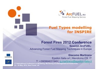 Fuel Types modelling
                                                      for INSPIRE

                                   Forest Fires 2012 Conference
                                                    Session ArcFUEL:
                    Advancing Forest Fuel Mapping Techniques in Europe

                                                         Giacomo Martirano
                                         Epsilon Italia srl | Mendicino CS, IT
                             T: +390984631949 | g.martirano@epsilon-italia.it
3rd International Conference on Modelling, Monitoring and Management of Forest Fires   1
22 – 24 May, 2012, New Forest, UK
 