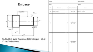 Ensemble : Matière : Acierdoux
Elément : Nombre :
N°PH Désignation M.O Outillage et verificateurs Croquis
10 Contrôle du brut P.C au 1/50 Ø 40±0.5 ; L = 65±0.5
20 TP
Outil à charioter
Outil couteau
P.C au 1/50
30 TP
Outil à charioter
Outil couteau
P.C au 1/50
Partout 6,3 avec Tolérance Géométrique : ±0,5 ;
1° sauf indications.
Embase
 