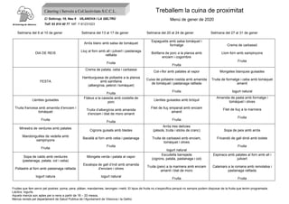 Fruites que fem servir pel postres: poma, pera, plàtan, mandarines, taronges i meló. El tipus de fruita no s’especifica perquè no sempre podem disposar de la fruita que tenim programada.
Làctics: iogurts.
Aquets menús son aptes per a nens a partir de 18 – 20 mesos.
Menús revists pel departament de Salud Publica de l’Ajuntament de Vilanova i la Geltrú
Càtering i Serveis a Col.lectivitats S.C.C.L.
C/ Solicrup, 10, Nau 9 VILANOVA I LA GELTRÚ
Telf. 93 814 40 77 NIF: F-61231023
Setmana del 6 al 10 de gener Setmana del 13 al 17 de gener Setmana del 20 al 24 de gener Setmana del 27 al 31 de gener
DIA DE REIS
Arròs blanc amb salsa de tomàquet
Lluç al forn amb all i julivert i pastanaga
ratllada
Fruita
Espaguetis amb salsa tomàquet i
formatge
Botifarra de porc a la planxa amb
enciam i cogombre
Fruita
Crema de carbassó
Llom forn amb xampinyons
Fruita
FESTA
Crema de patata, ceba i carbassa
Hamburguesa de pollastre a la planxa
amb samfaina
(albergínia, pebrot i tomàquet)
Fruita
Col-i-flor amb patates al vapor
Cuixa de pollastre rostida amb amanida
de tomàquet i pastanaga ratllada
Fruita
Mongetes blanques guisades
Truita de formatge i ceba amb tomàquet
amanit
Iogurt natural
Llenties guisades
Truita francesa amb amanida d’enciam i
tomàquet
Fruita
Fideus a la cassola amb costella de
porc
Truita d’albergínia amb amanida
d’enciam i blat de moro amanit
Fruita
Llenties guisades amb bròquil
Filet de lluç empanat amb enciam
amanit
Fruita
Amanida de pasta amb formatge i
tomàquet i olives
Filet de lluç a la marinera
Fruita
Minestra de verdures amb patates
Mandonguilles de vedella amb
xampinyons
Fruita
Cigrons guisats amb bledes
Bacallà al forn amb ceba i pastanaga
Fruita
Arròs tres delícies
(pèsols, truita i sticks de cranc)
Truita de carbassó amb enciam,
tomàquet i olives
Iogurt natural
Sopa de peix amb arròs
Fricandó de gall dindi amb bolets
Fruita
Sopa de caldo amb verdures
(pastanaga, patata, col i ceba)
Pollastre al forn amb pastanaga ratllada
Iogurt natura
Mongeta verda i patata al vapor
Escalopa de gall d’indi amb amanida
d’enciam i olives
Iogurt natural
Escudella barrejada
(cigrons, patata, pastanaga i col)
Truita (peix) a la marinera amb enciam
amanit i blat de moro
Fruita
Espinacs amb patates al forn amb all i
julivert
Calamars a la romana amb remolatxa i
pastanaga ratllada
Fruita
Menú de gener de 2020
Treballem la cuina de proximitat
 