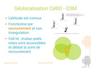 session sept 2016 Yann Caron (c) 2014 11
Géolocalisation CellID - GSM
 L'altitude est connue
 Fonctionne par
recouvrement et non
triangulation
 Cell-Id : évalue quels
relais sont accessibles
et déduit la zone de
recouvrement
 