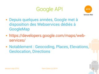 session sept 2016 Yann Caron (c) 2014 55
Google API
 Depuis quelques années, Google met à
disposition des Webservices dédiés à
GoogleMap
 https://developers.google.com/maps/web-
services/
 Notablement : Geocoding, Places, Elevations,
Geolocation, Directions
 