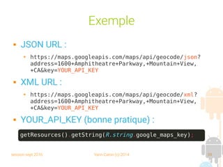 session sept 2016 Yann Caron (c) 2014 59
Exemple
 JSON URL :
➔ https://maps.googleapis.com/maps/api/geocode/json?
address=1600+Amphitheatre+Parkway,+Mountain+View,
+CA&key=YOUR_API_KEY
 XML URL :
➔ https://maps.googleapis.com/maps/api/geocode/xml?
address=1600+Amphitheatre+Parkway,+Mountain+View,
+CA&key=YOUR_API_KEY
 YOUR_API_KEY (bonne pratique) :
getResources().getString(R.string.google_maps_key);
 