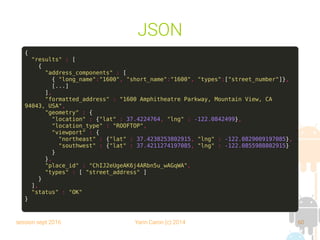 session sept 2016 Yann Caron (c) 2014 60
JSON
{
"results" : [
{
"address_components" : [
{ "long_name":"1600", "short_name":"1600", "types":["street_number"]},
[...]
],
"formatted_address" : "1600 Amphitheatre Parkway, Mountain View, CA
94043, USA",
"geometry" : {
"location" : {"lat" : 37.4224764, "lng" : -122.0842499},
"location_type" : "ROOFTOP",
"viewport" : {
"northeast" : {"lat" : 37.4238253802915, "lng" : -122.0829009197085},
"southwest" : {"lat" : 37.4211274197085, "lng" : -122.0855988802915}
}
},
"place_id" : "ChIJ2eUgeAK6j4ARbn5u_wAGqWA",
"types" : [ "street_address" ]
}
],
"status" : "OK"
}
 