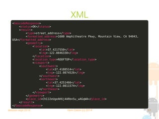 session sept 2016 Yann Caron (c) 2014 61
XML
<GeocodeResponse>
<status>OK</status>
<result>
<type>street_address</type>
<formatted_address>1600 Amphitheatre Pkwy, Mountain View, CA 94043,
USA</formatted_address>
<geometry>
<location>
<lat>37.4217550</lat>
<lng>-122.0846330</lng>
</location>
<location_type>ROOFTOP</location_type>
<viewport>
<southwest>
<lat>37.4188514</lat>
<lng>-122.0874526</lng>
</southwest>
<northeast>
<lat>37.4251466</lat>
<lng>-122.0811574</lng>
</northeast>
</viewport>
</geometry>
<place_id>ChIJ2eUgeAK6j4ARbn5u_wAGqWA</place_id>
</result>
</GeocodeResponse>
 