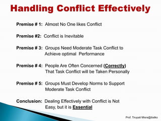 Premise # 1: Almost No One likes Conflict

Premise #2: Conflict is Inevitable

Premise # 3: Groups Need Moderate Task Conflict to
             Achieve optimal Performance

Premise # 4: People Are Often Concerned (Correctly)
             That Task Conflict will be Taken Personally

Premise # 5: Groups Must Develop Norms to Support
             Moderate Task Conflict

Conclusion: Dealing Effectively with Conflict is Not
            Easy, but it is Essential

                                                       Prof. Tirupati Misra@ibslko
 